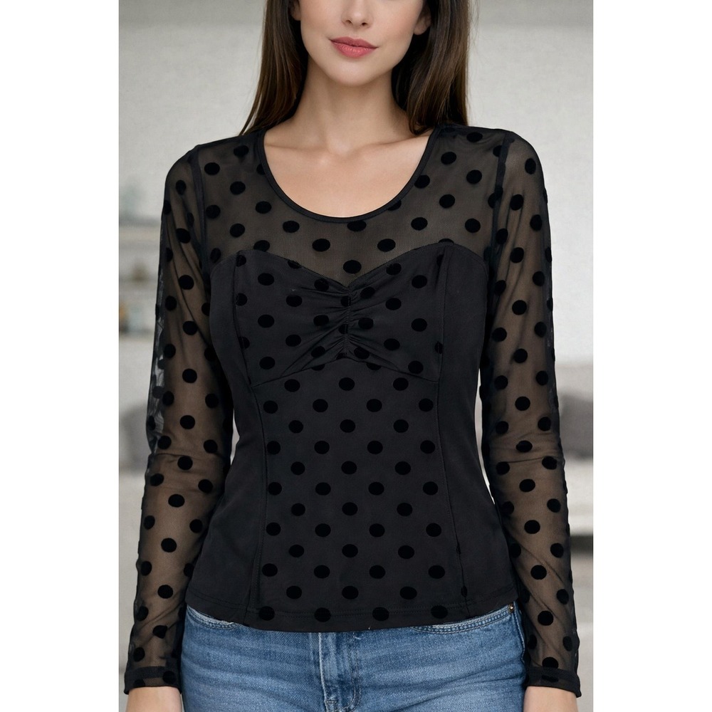 GUESS Los Angeles Womens Black Mesh Velvet Polka Dot Long Sleeve Top XL